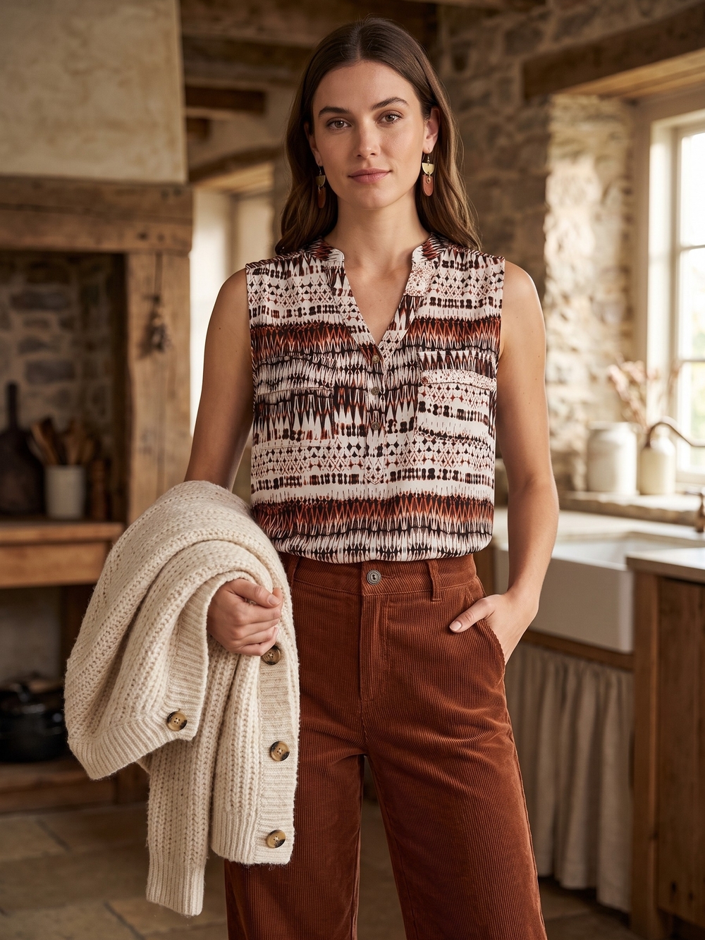 Cleo Sleeveless Blouse Rustic Romance Ikat Tribal Boho Henley Southwestern